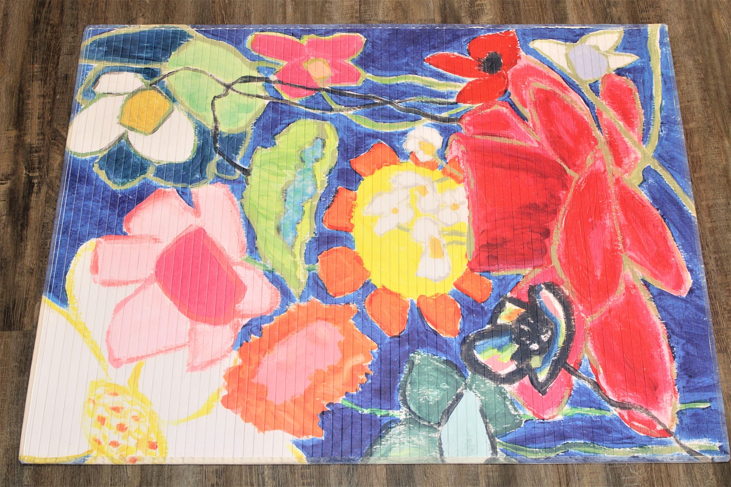 47x35" Bamboo Mat, Abstract Flowers on Teal ©Tawnya Norton TN2109