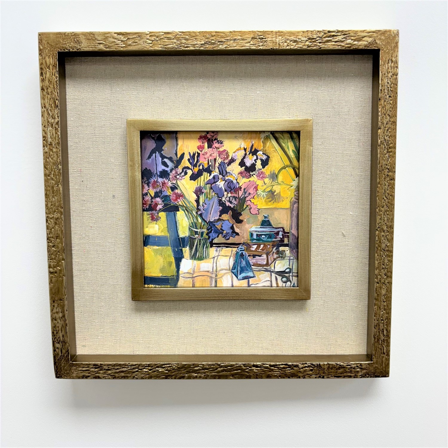 11.75x1x11.75" Framed Iris Art, Linen Mat, Gold Frame ©Lila Bacon BA4207