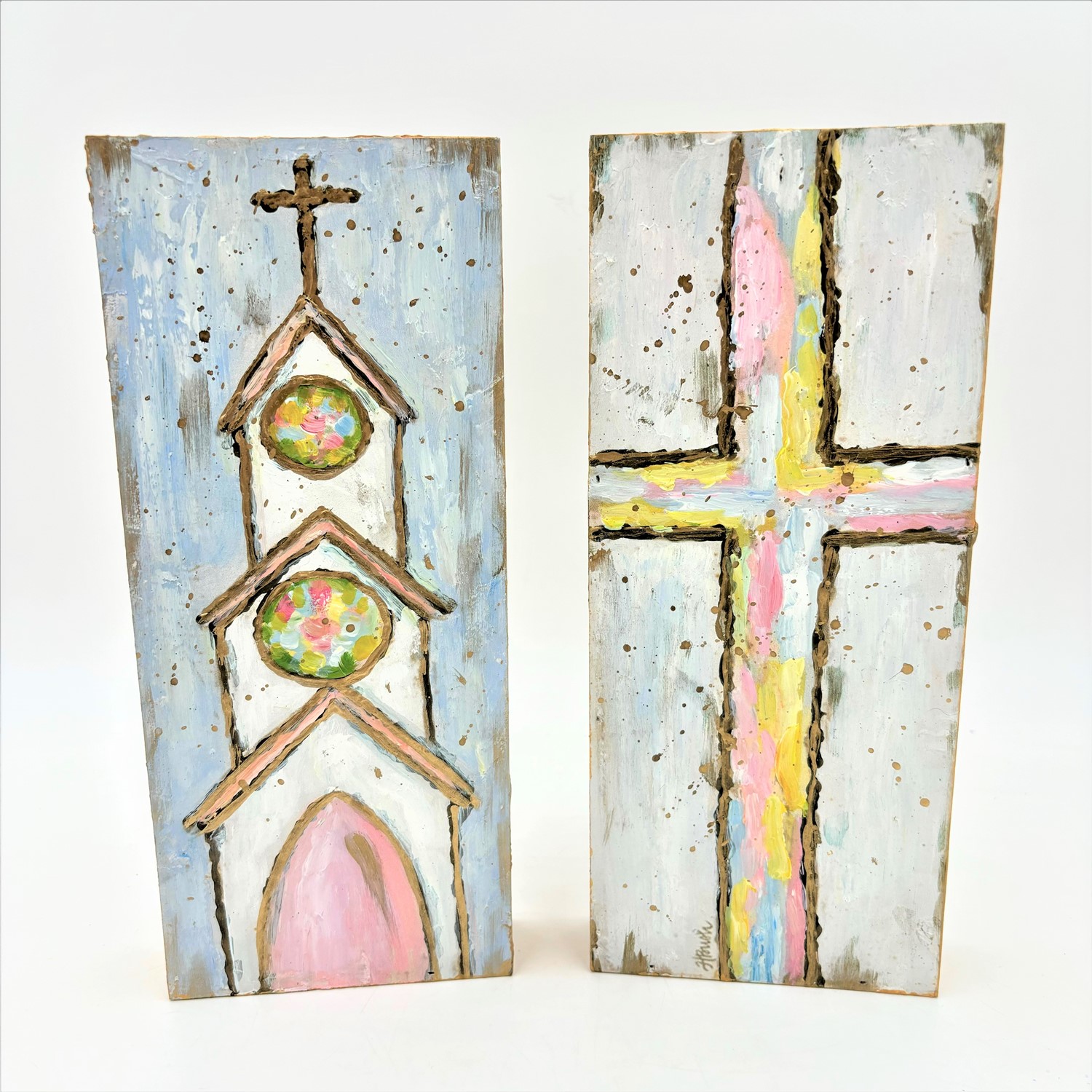 5x1.5x12" Handpainted Block Sign, Cross & Church Pastel ©Haley Bush, 2 assorted HB1037A