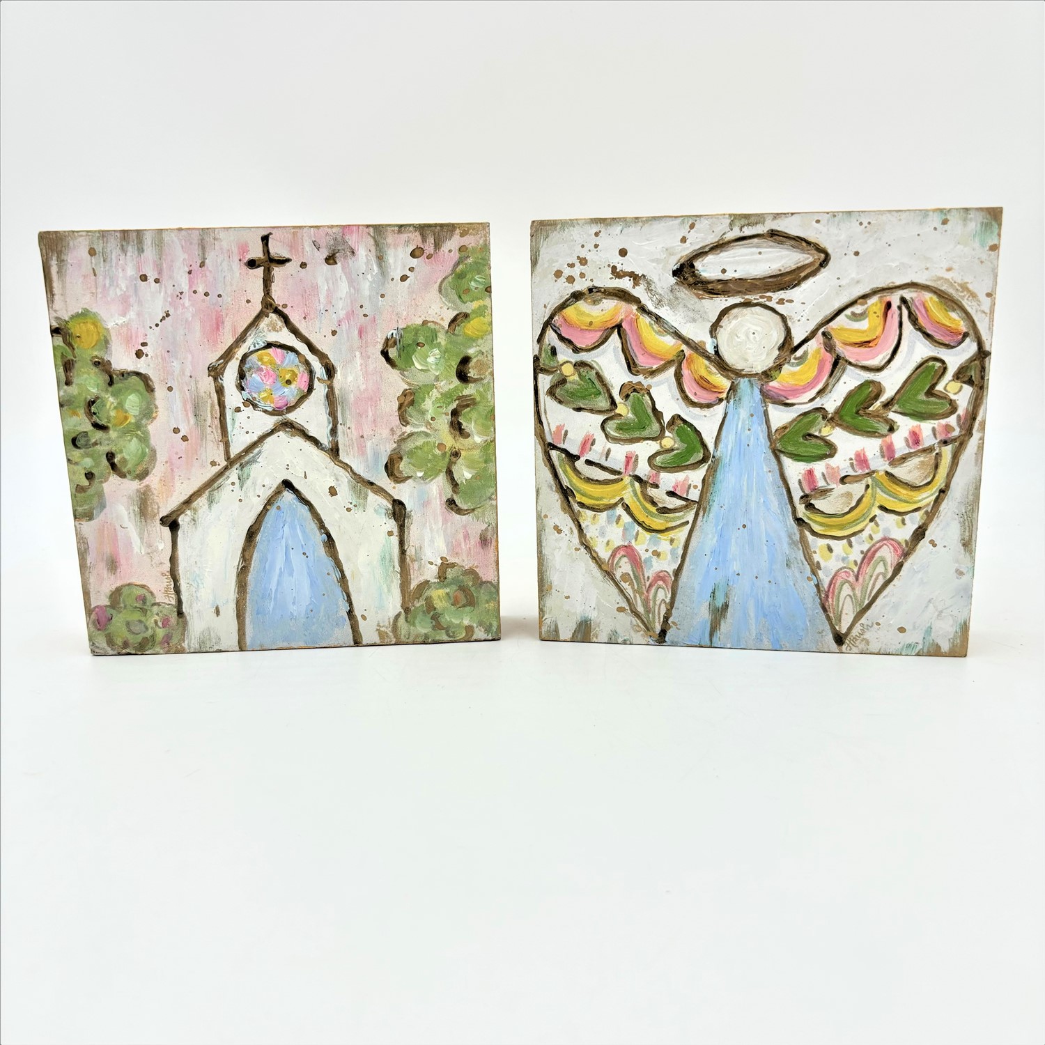 6x1x6" Handpainted Mdf Table Sign, Church and Angel ©Haley Bush, 2 assorted HB1040A
