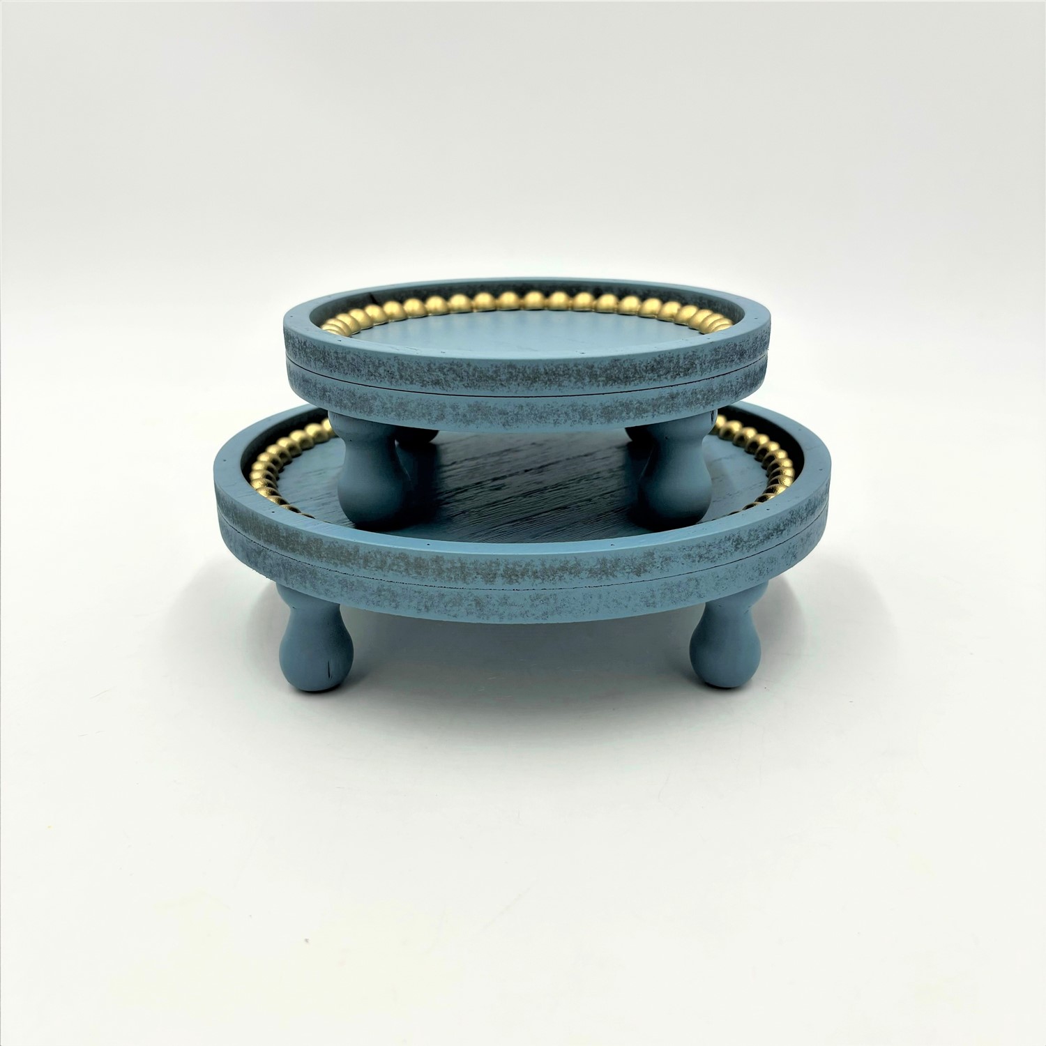 Set/2 Round Mdf Trays, Blue with Gold Beads, 7.5x2, 5.75x2" HD7230S