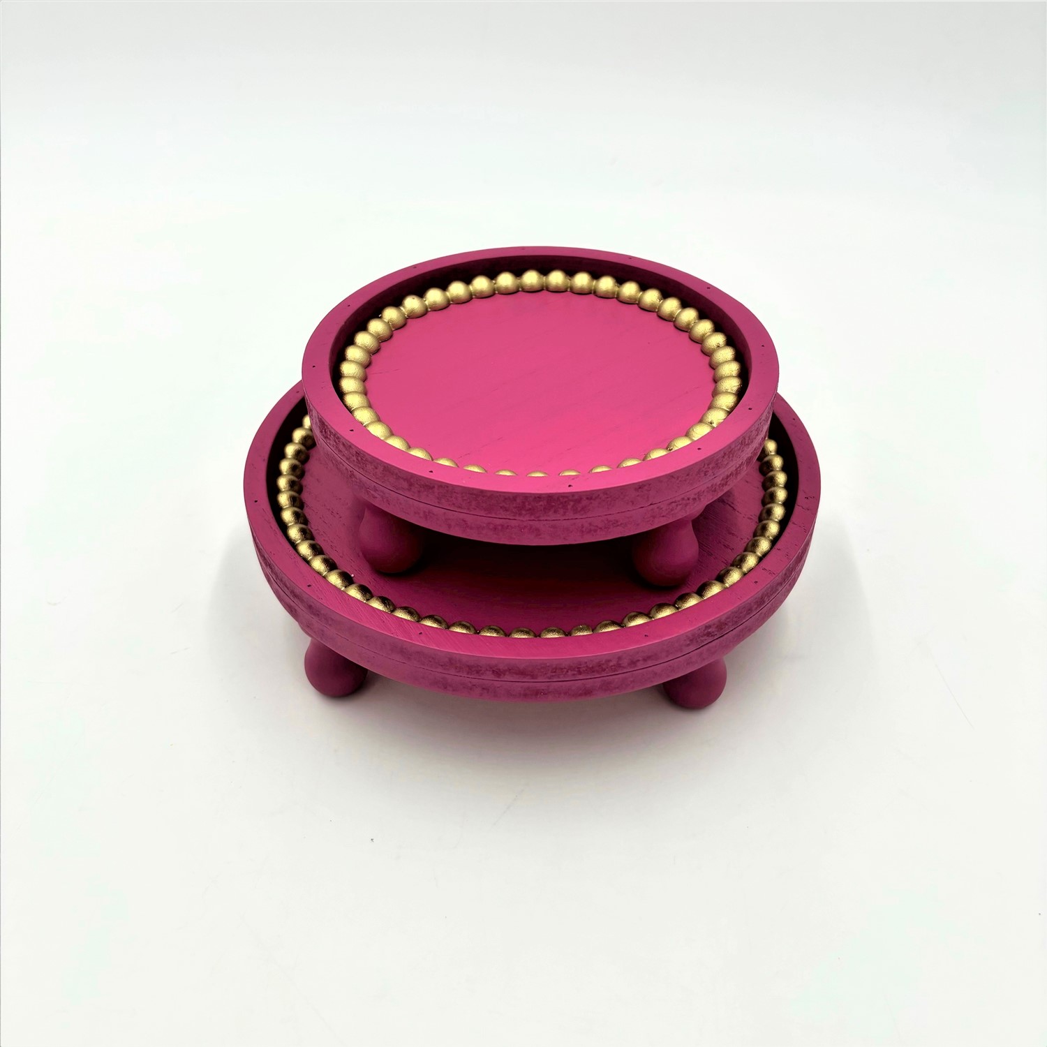 Set/2 Round Mdf Trays, Fuchsia with Gold Beads, 7.5x2, 5.75x2" HD7231S