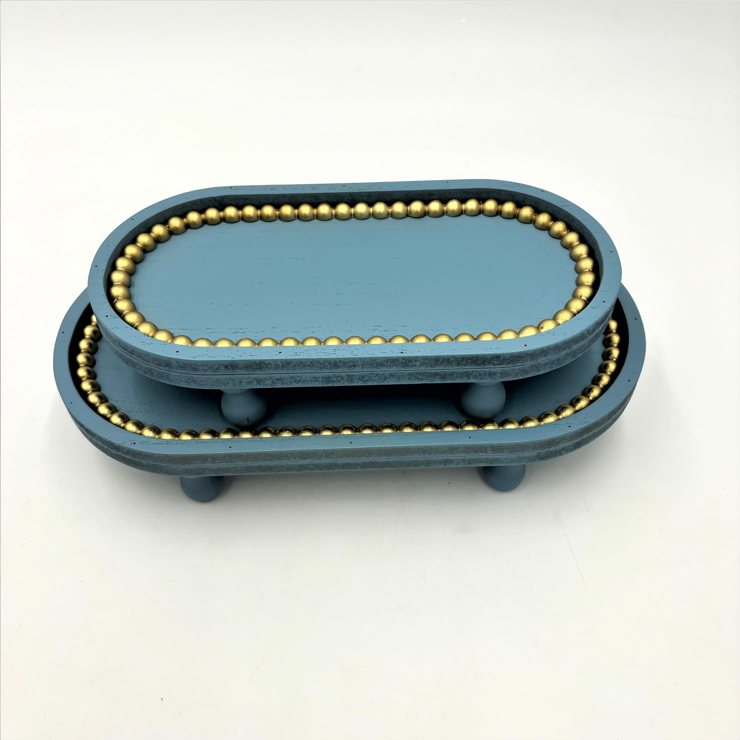 Set/2 Oblong Mdf Trays, Blue with Gold Beads, 11.5x5.75x2, 9.25x4.5x2" HD7232S