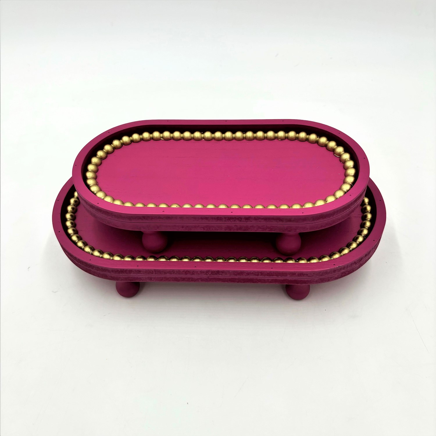 Set/2 Oblong Mdf Trays, Fuchsia with Gold Beads, 11.5x5.75x2, 9.25x4.5x2" HD7233S