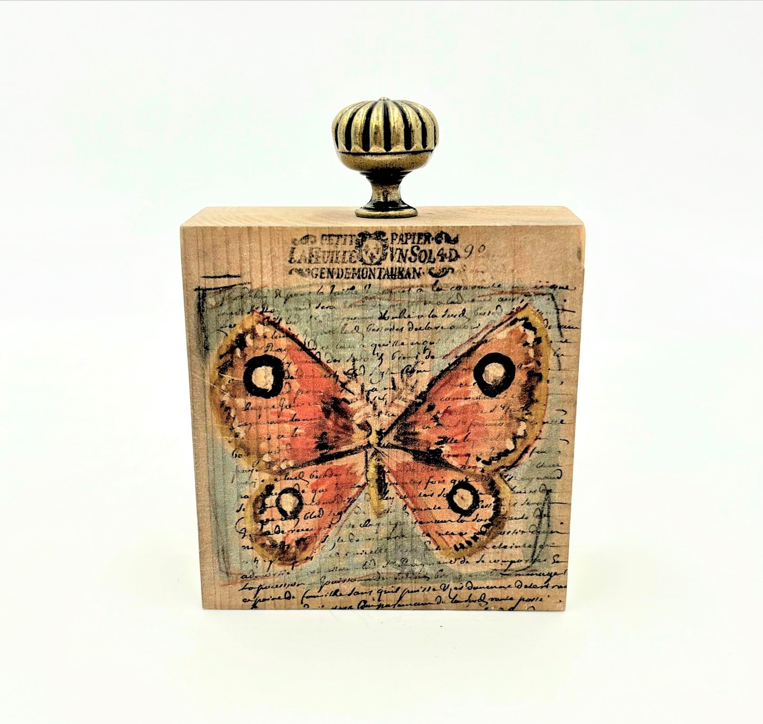3.5x1.75x4.5" Wood Block w Iron Knob, Butterfly, Ant. Paper ©Candice Boatright CB1804