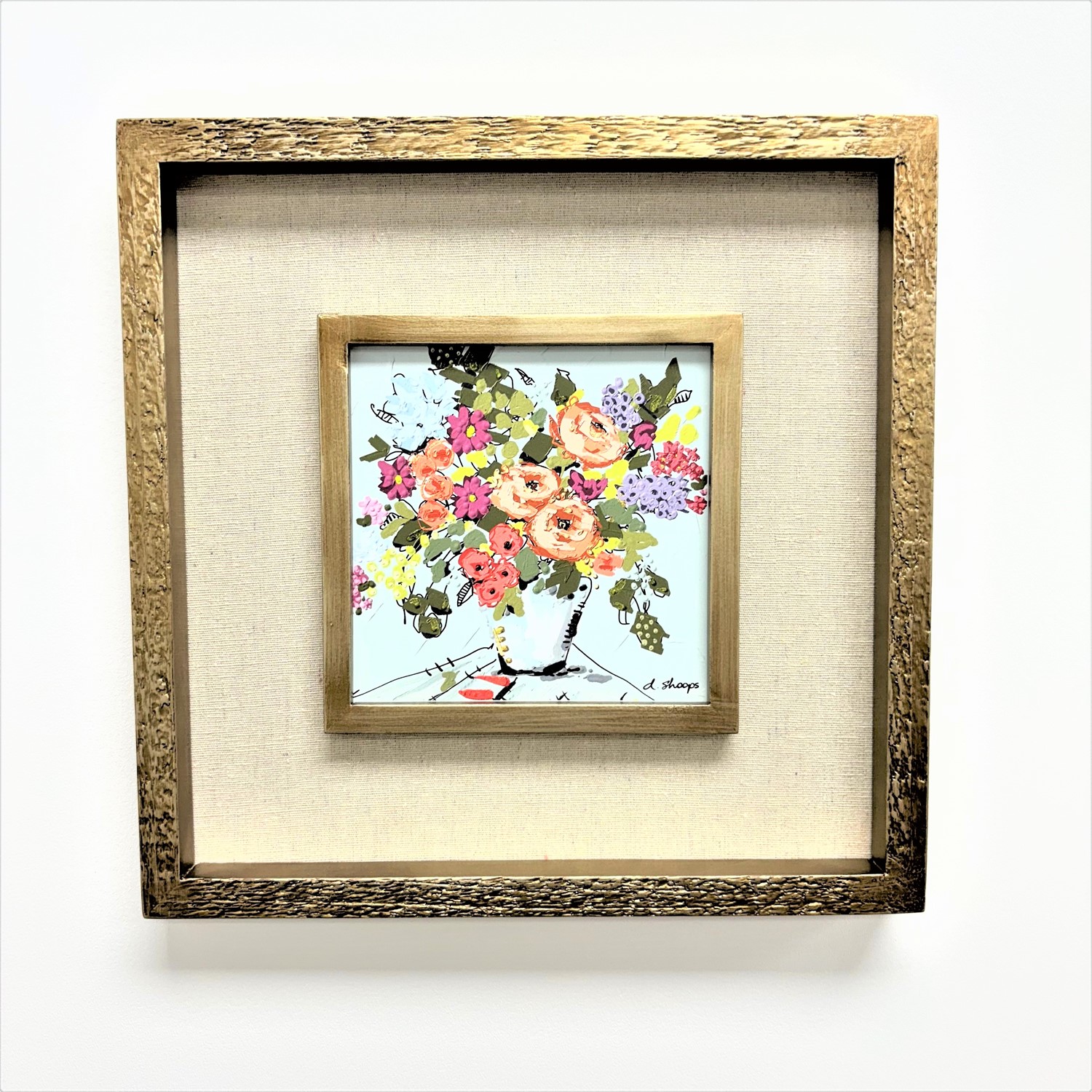 11.75x1x11.75" Framed Wall Décor w/ Linen Mat, Gold Frame, Florals ©Dana Shoops DS3005