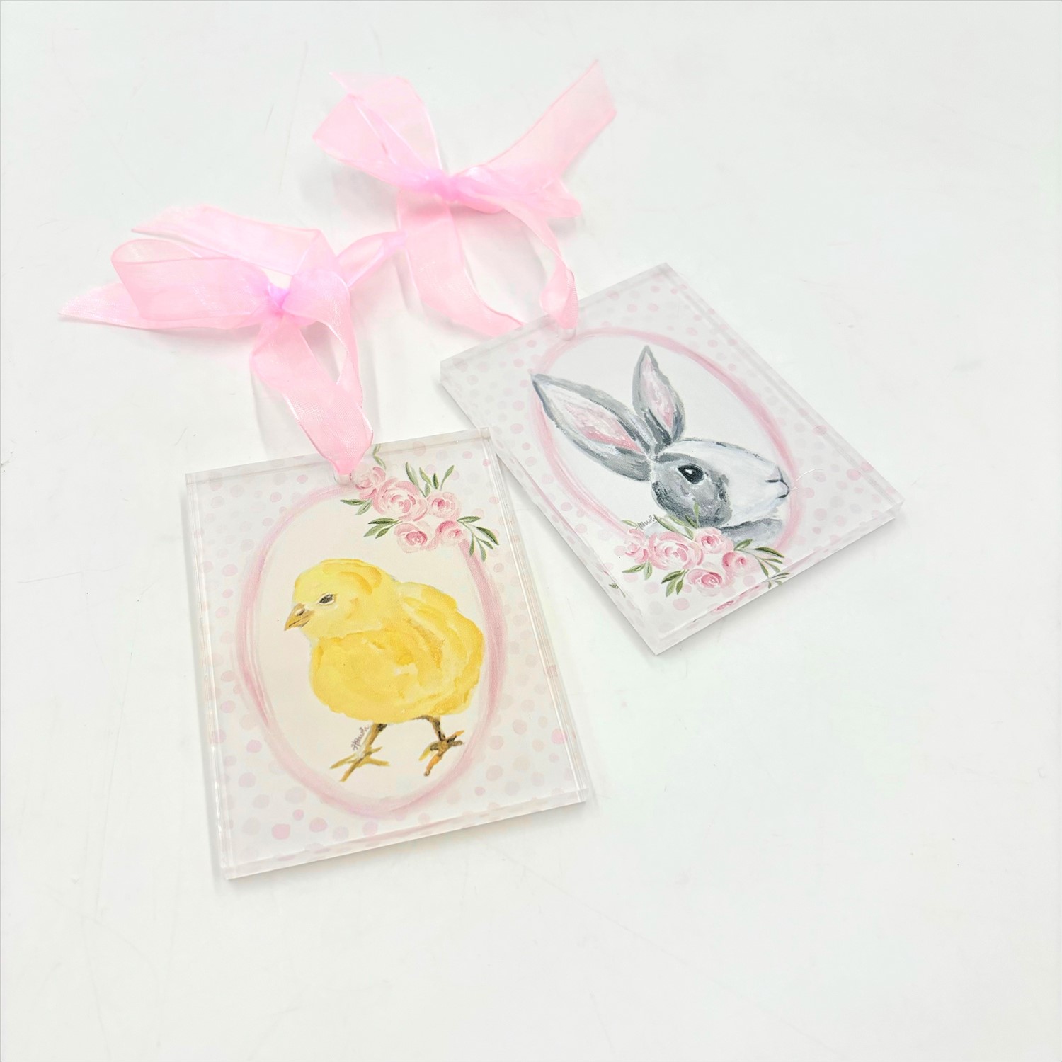 3x.3x4" Acrylic Ornament, Bunny/Chick, Sheer Ribbon, 2 asst'd ©Haley Bush HB1009A