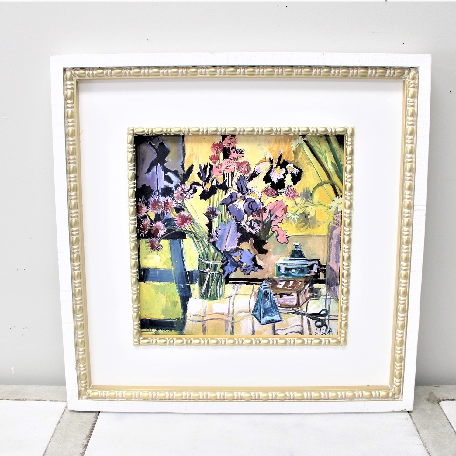 19.5x1.3x19.5" Double Wood Framed Irises in Glass Bottles ©Lila Bacon BA4210