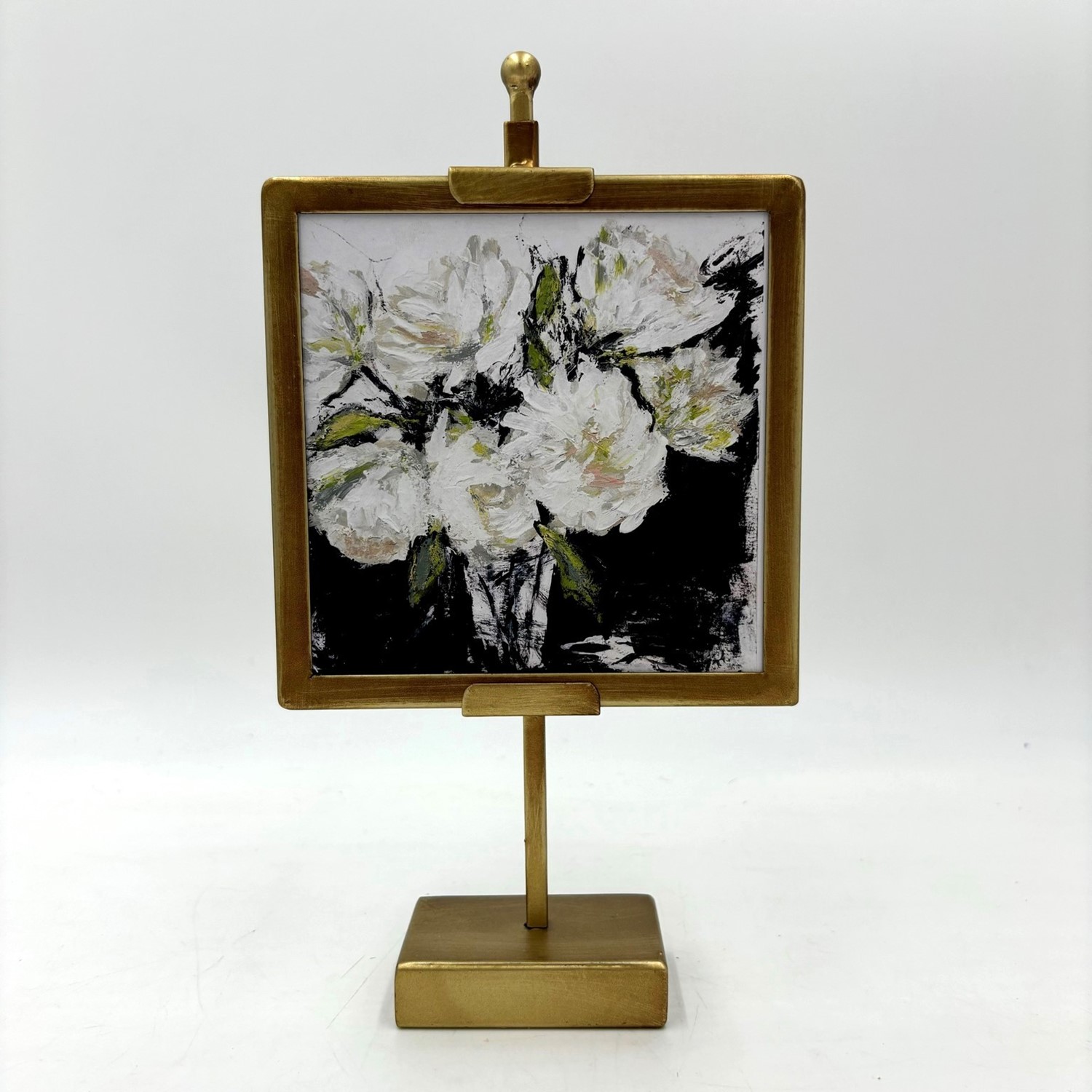 6x2x11" Metal Framed Blk & Wht Floral, Artist's Easel Stand ©Tawnya Norton TN2174