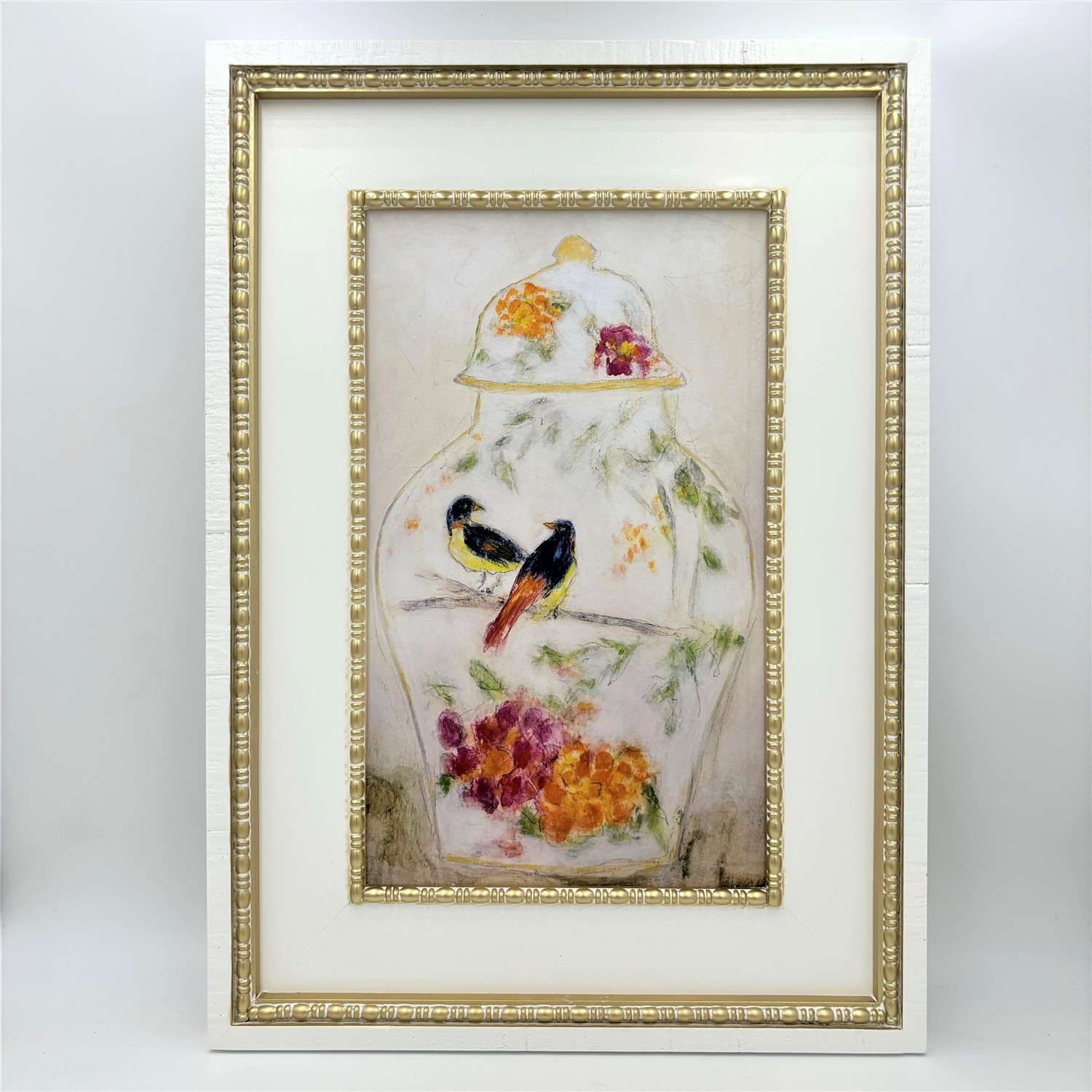19.5x1.4x27.5" Double Wood Framed Ginger Jar w Birds Wall Décor ©Tawnya Norton TN2177