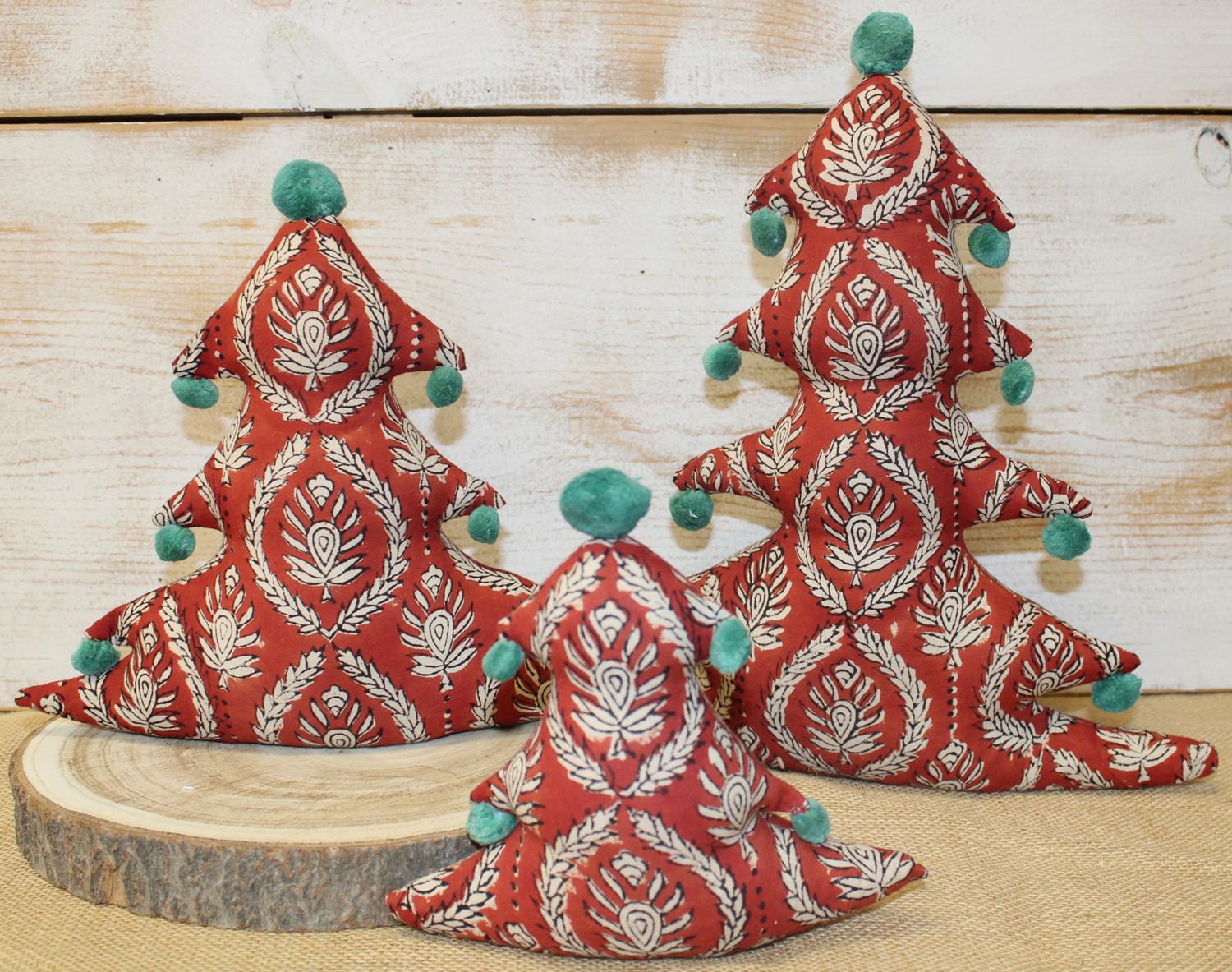 Set/3 Printed Cotton Trees, Rust/Ivory/Green, 8x7, 11x10, 14x12" TEX9060S
