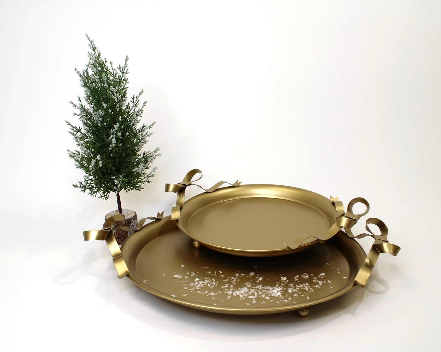 Set/2 Gold Metal Trays with Bow Handles, 15x12x3, 19x15.5x3.5" CM3047S