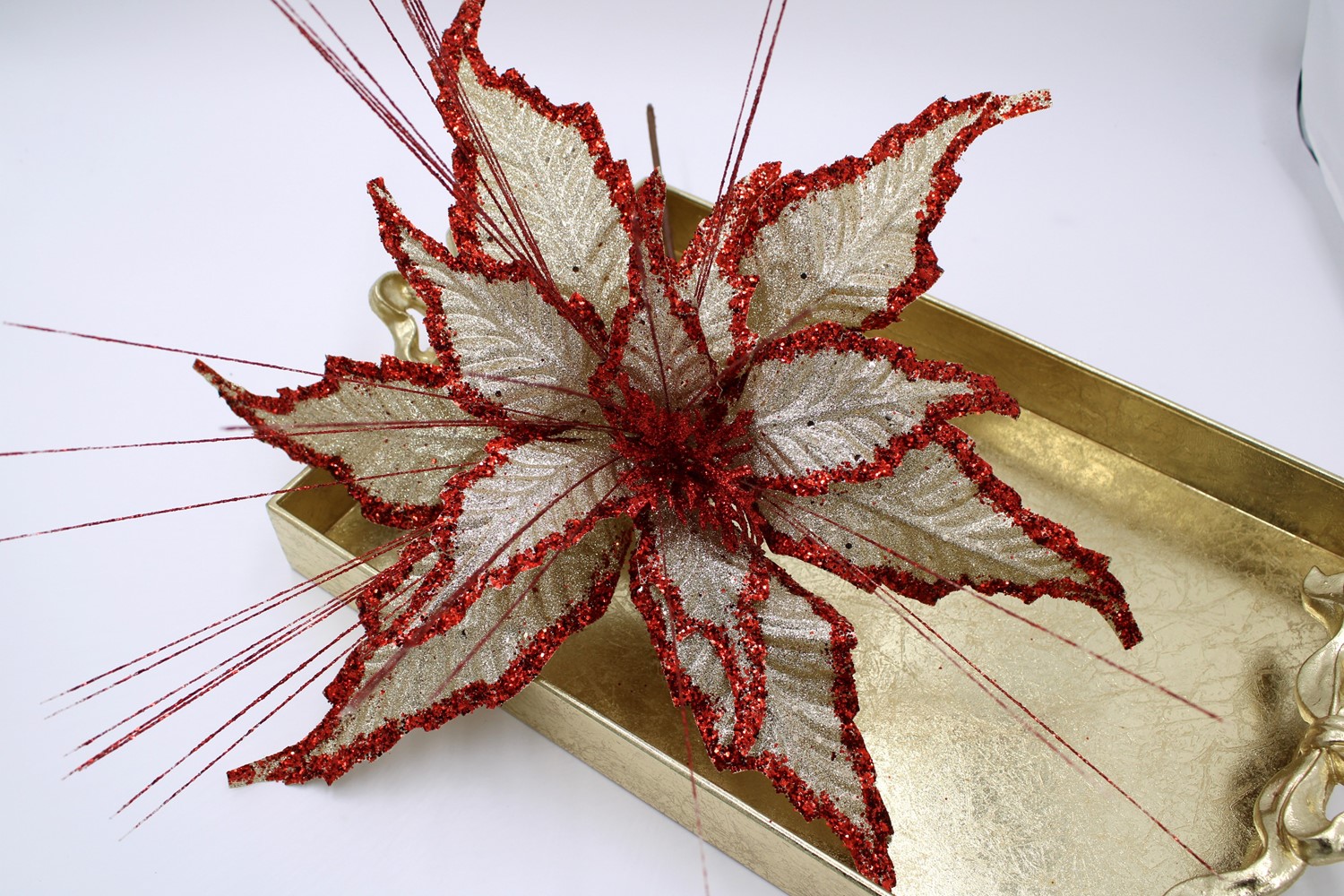 20x22" Gold Poinsettia Stem with Gold Glitter, Red Glitter Trim and Sprays FLX6021