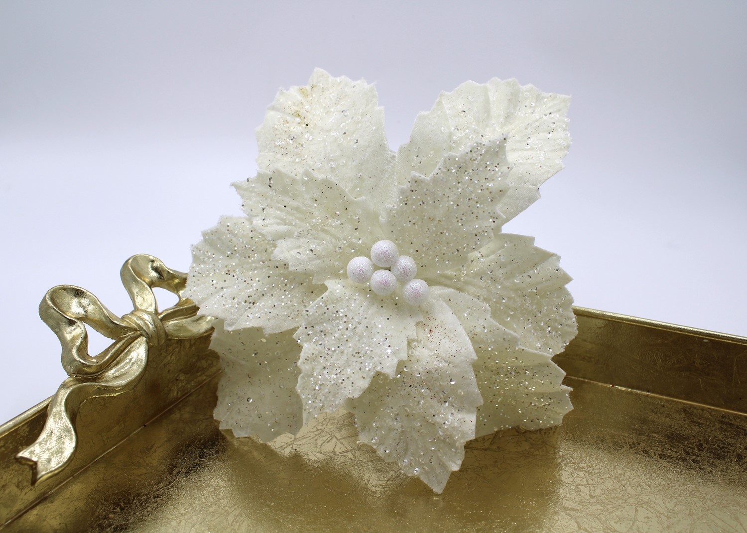 12x14" White Velvet Poinsettia Pick with Silver Glitter FLX6048