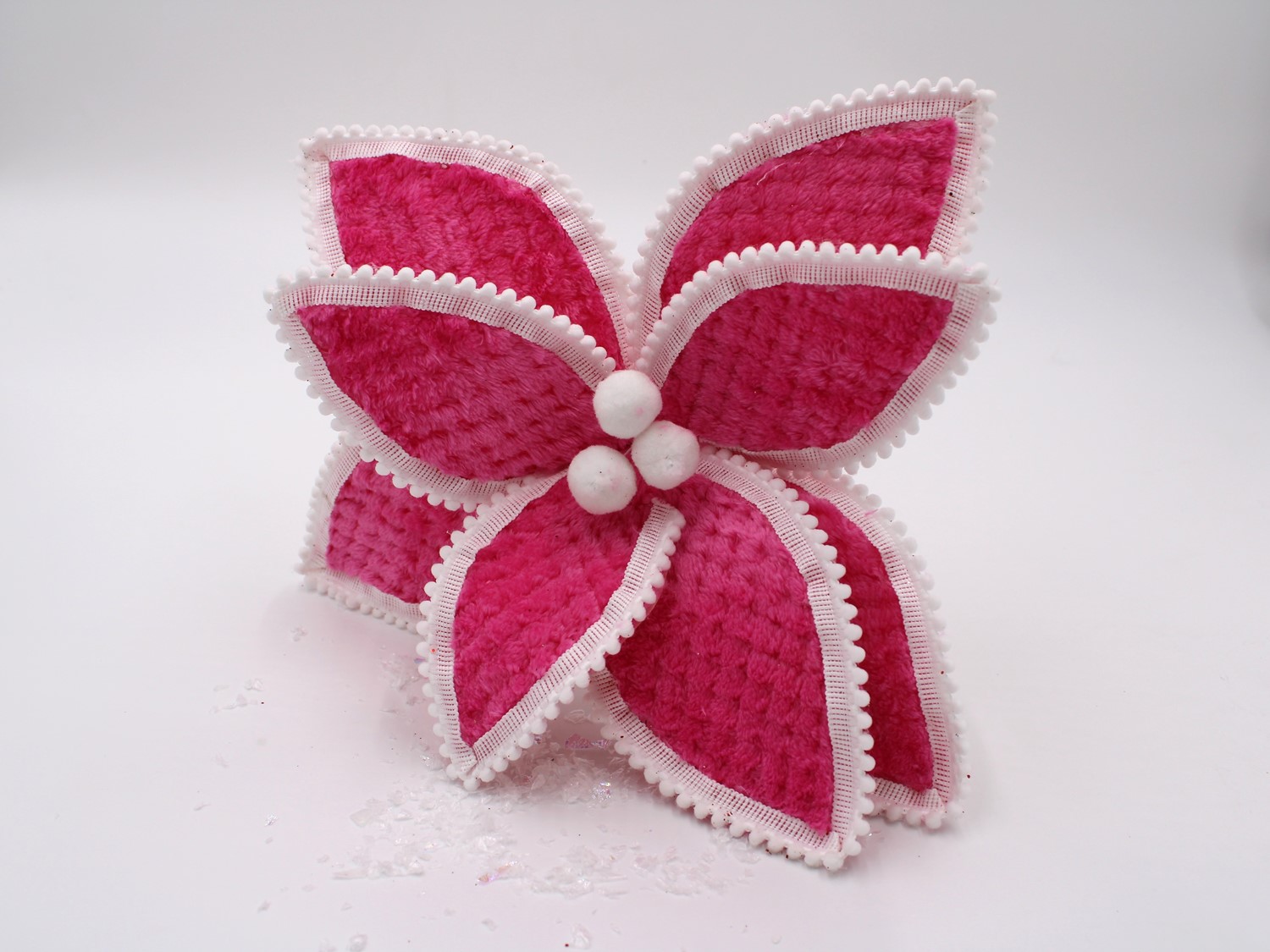 14" Bright Pink Chenille Poinsettia Pick with Pom Pom Trim and Center FLX6058