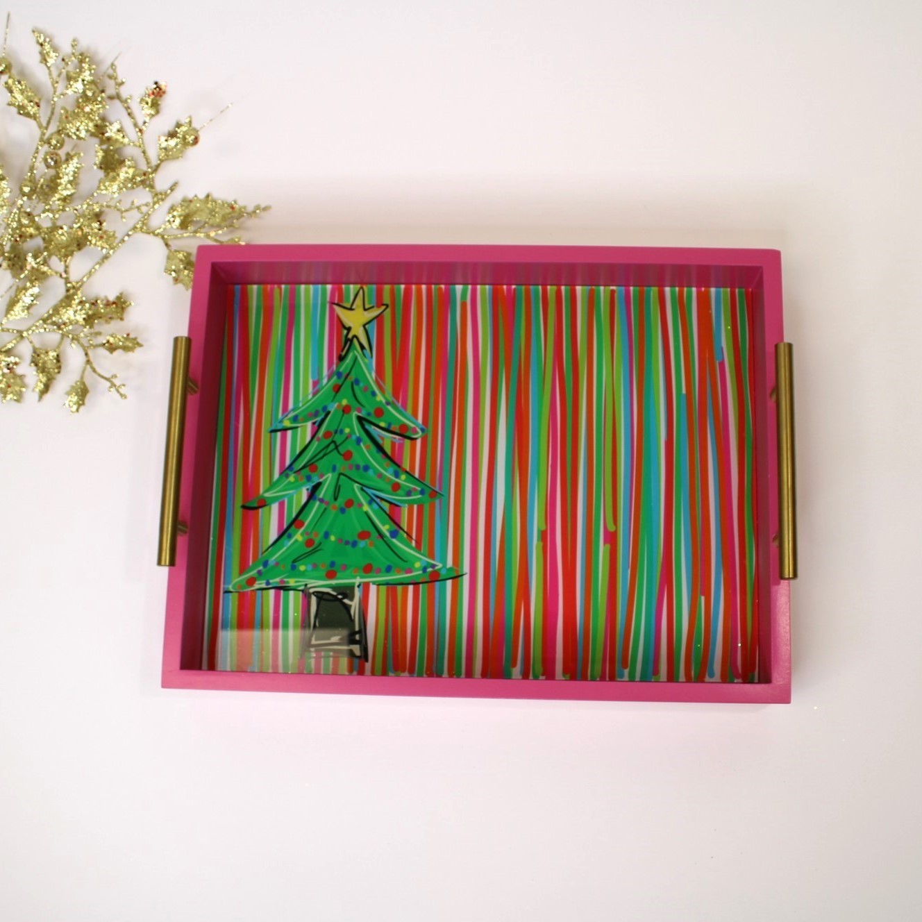 16x12" Wood Tray with Gold Handles. Multi Stripes Christmas Tree ©Jamie Jones JJX0504