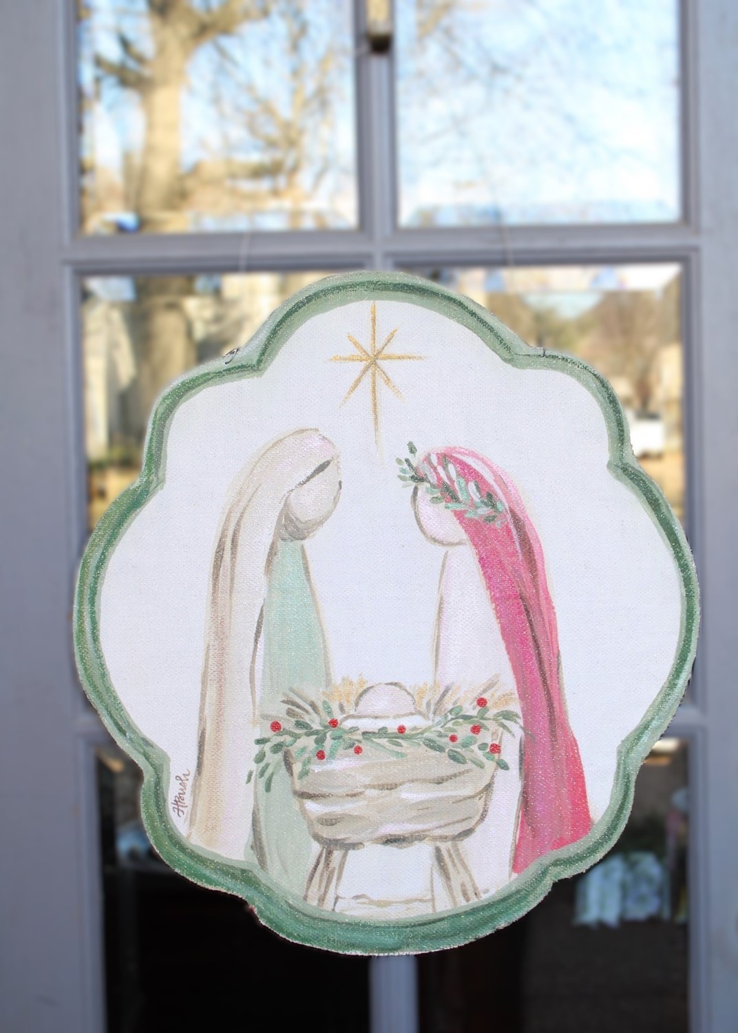 22x24" Handpainted Door Décor, Holy Family Scalloped Trim, Glittered ©Haley Bush HBX1346