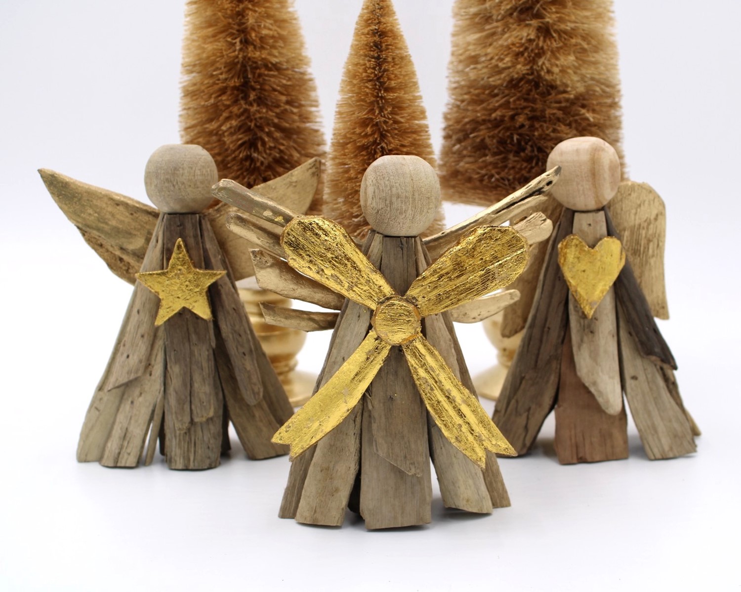 6.5" Driftwood Angels with Gold Heart, Star, Bow, 3 assorted CM3215A