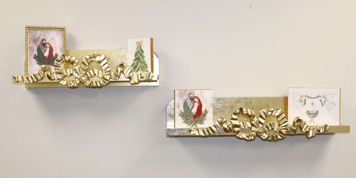 Set/2 Gilded Gold Wood Bow Wall Shelves, 28x6x6, 22x6x6" HD1019S
