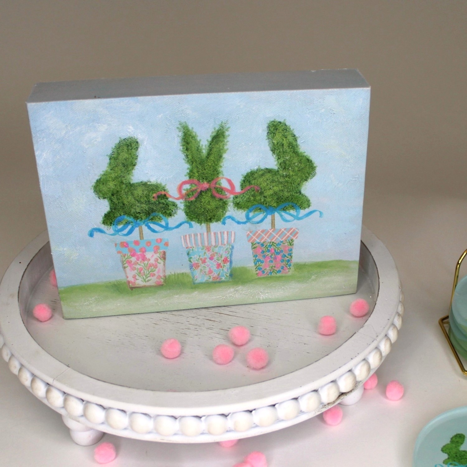 8x1.5x6" Handpainted Canvas Table Sign, Bunny Topiary Trio ©Haley Bush HB2089