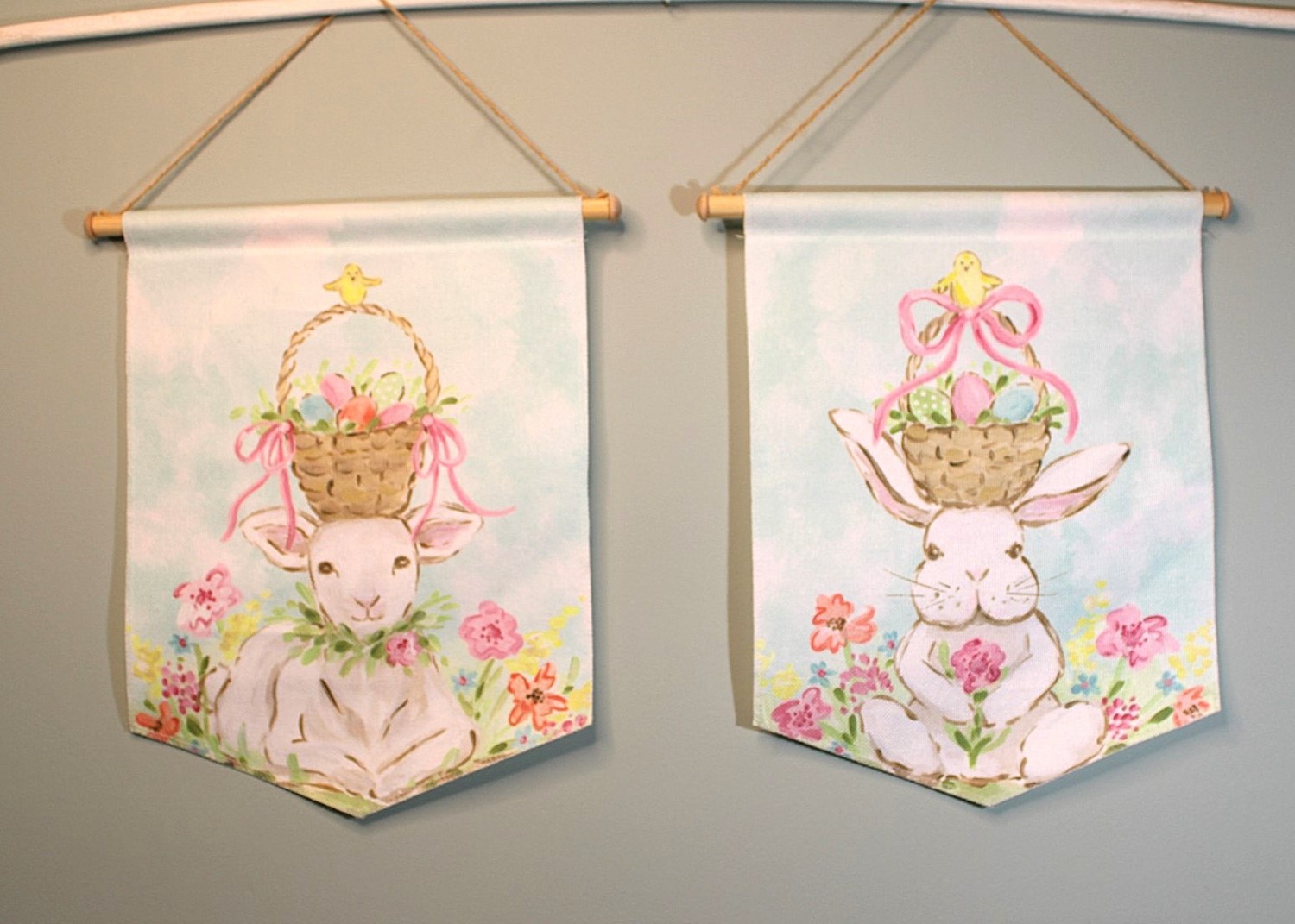 14x15.75" Tapered Banner, Bunny and Lamb with Basket, 2 assorted ©Haley Bush HB2109A