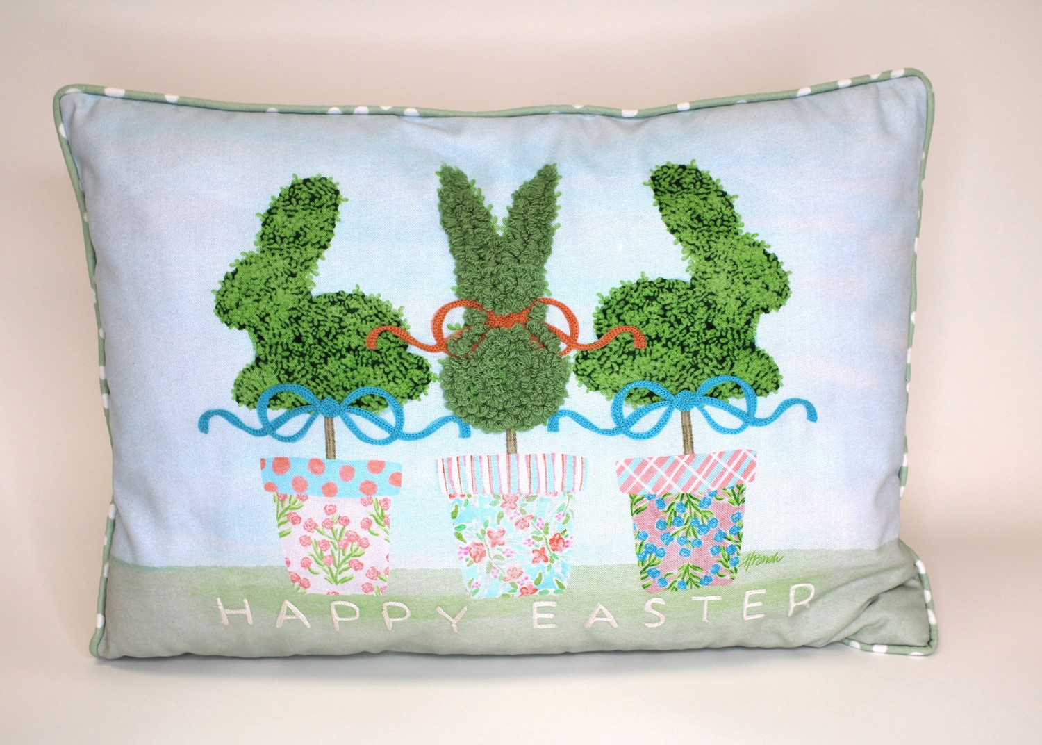14x20" Pillow w Boucle & Crewel Embroidery, Bunny Topiary Trio ©Haley Bush HB2120