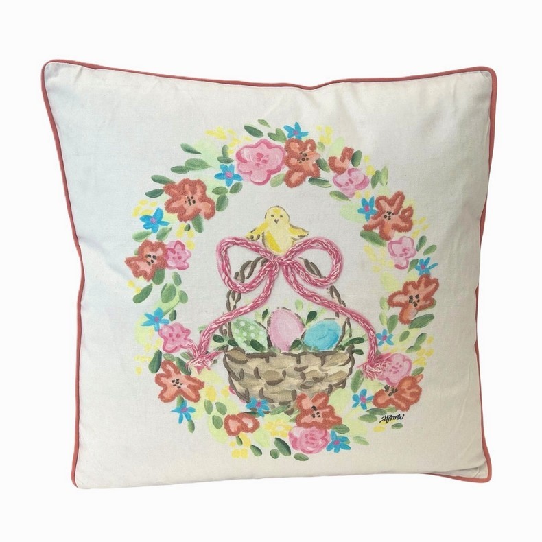 18x18" Pillow w Satin Embroidery, Boucle & Cording, Easter Basket ©Haley Bush HB2125