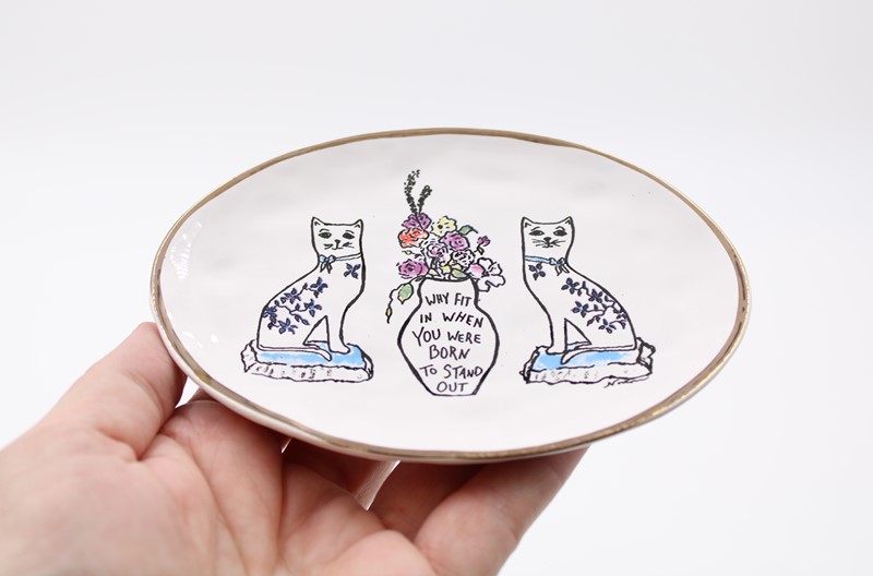 4.75x3.5x.5" Oval Ceramic Trinket Dish, Why Fit In ©Tawnya Norton TN1031
