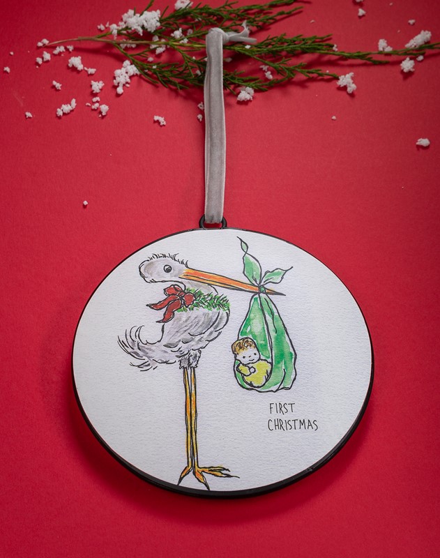 6" Metal Disc Ornament, Stork, First Christmas ©Tawnya Norton TNX6056