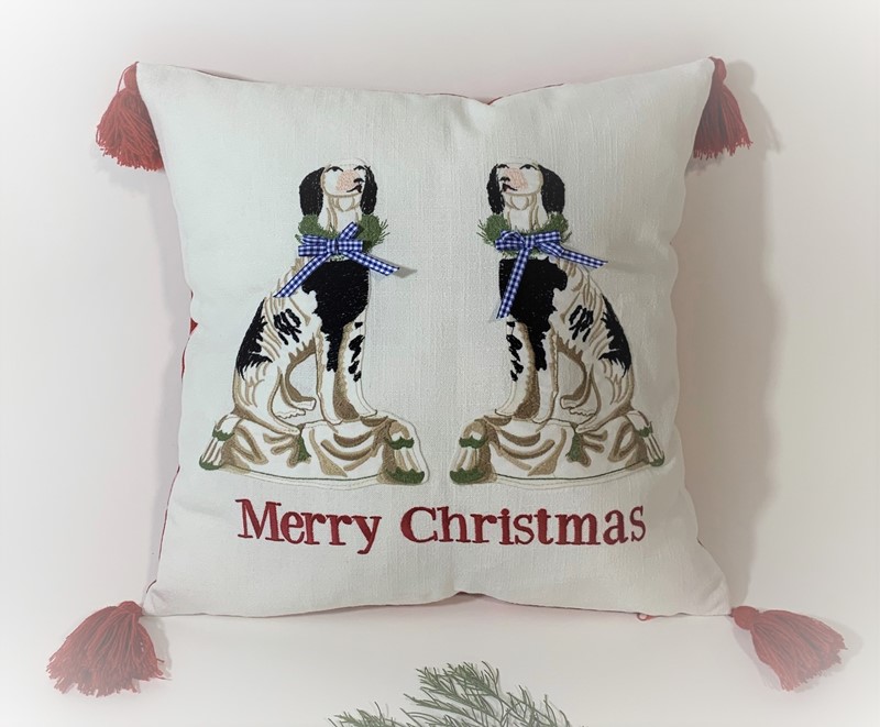 16" Square Staffordshire Dog Pillow with Tassles ©Debi Vincent DV1010