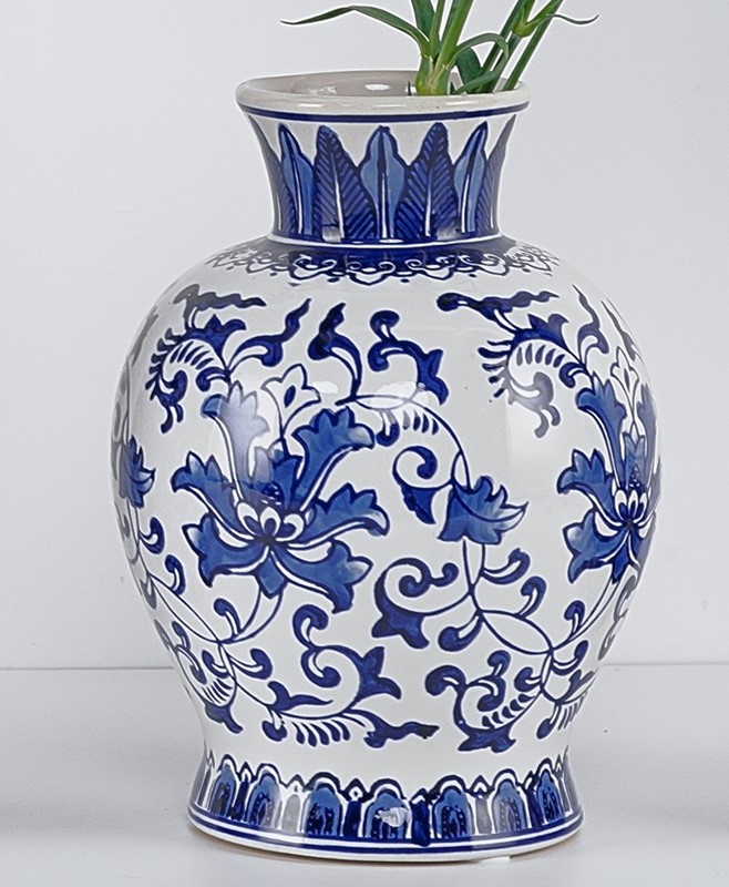 9" Ceramic Vase, Blue White Floral | TradeCie