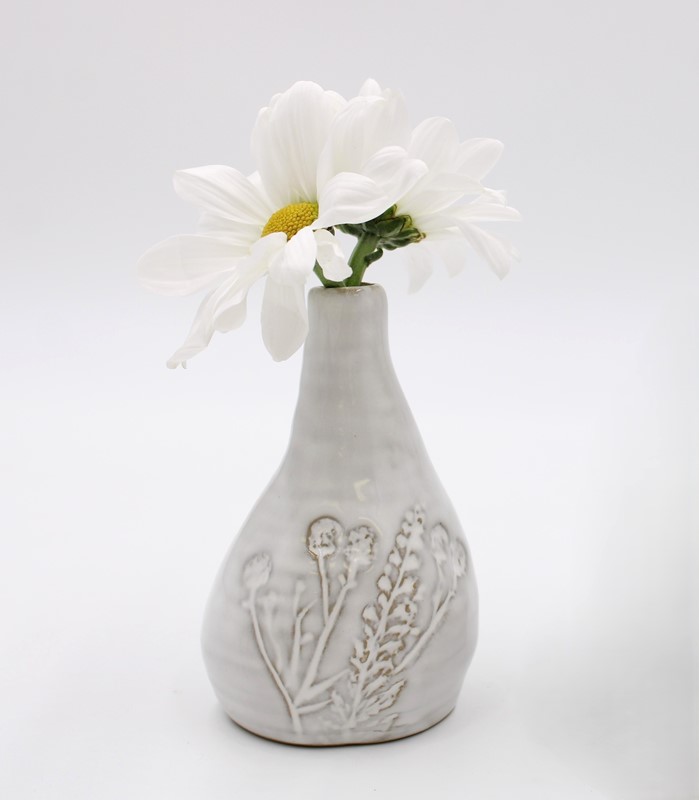 4" Skinny Ceramic Vase with Debossed Flowers, White HD6399