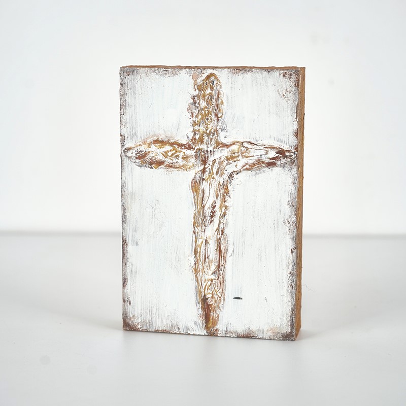 4x6" Handpainted Wood Cross Block, Ivory / Gold HD6200