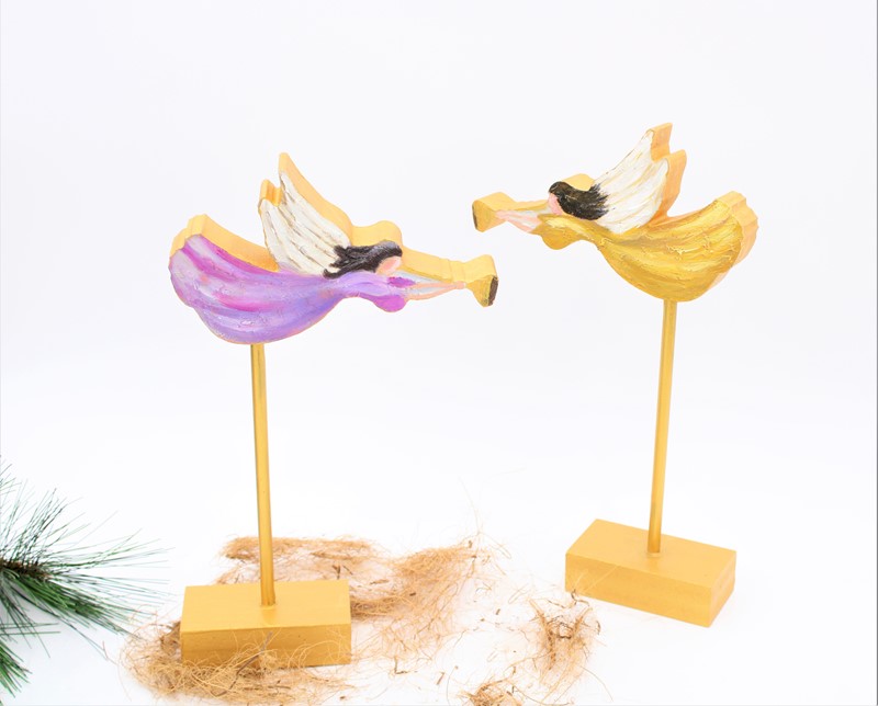 Set/2 12.5"Handpainted Wood Heralding Angels on Pedestal ©Candice Boatright CBX1021S