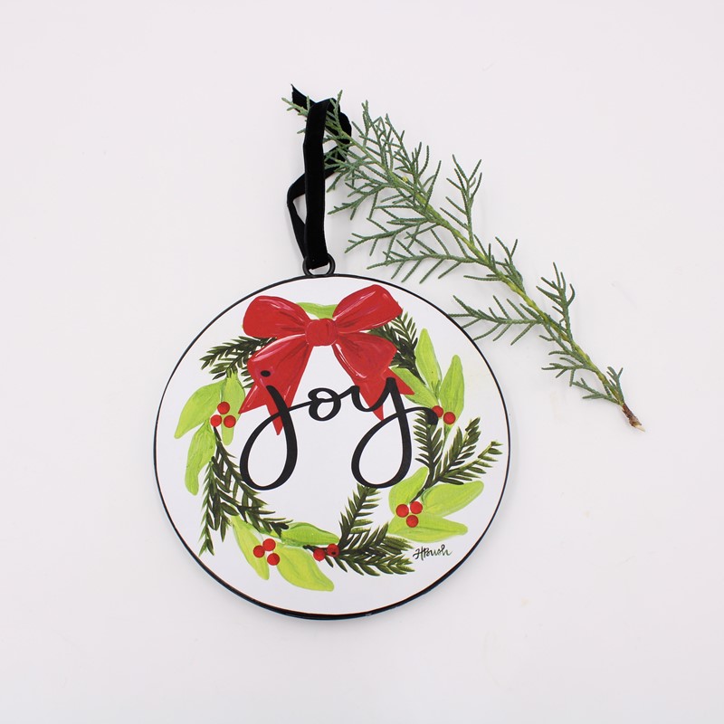 6" Round Metal Disc Ornament, Joy Wreath ©Haley Bush HBX1014