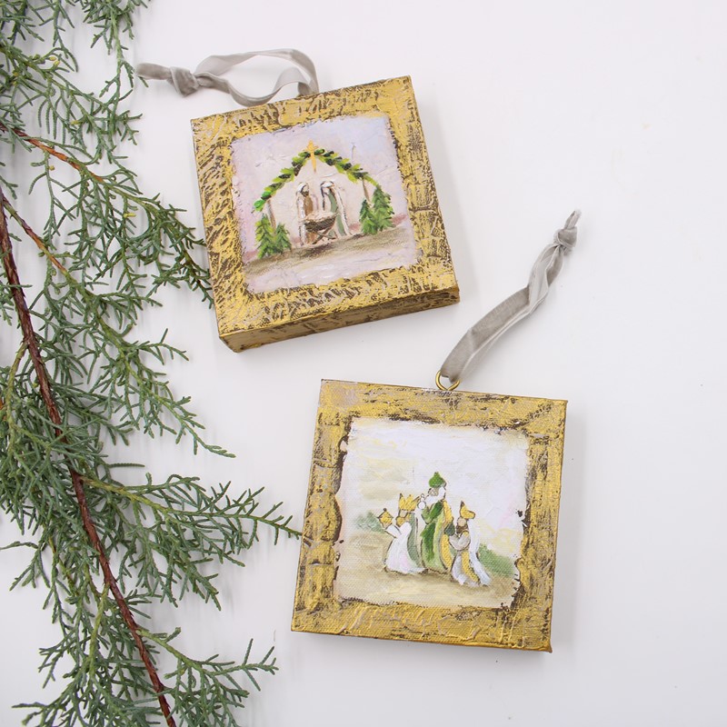 4x4" Handpainted Evergreen Nativity Canvas Ornament, 2 Assorted ©Haley Bush HBX1031A