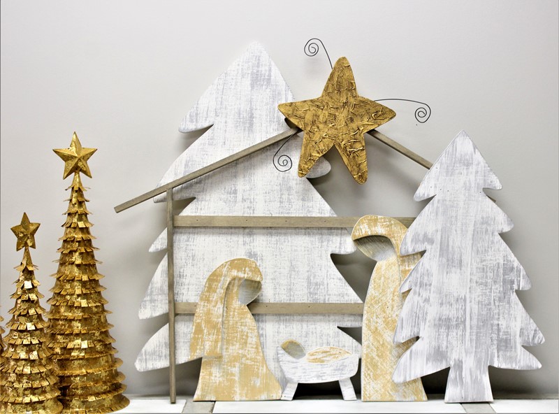 31x26" Layered Wood Nativty with Trees Wall Décor CM5778