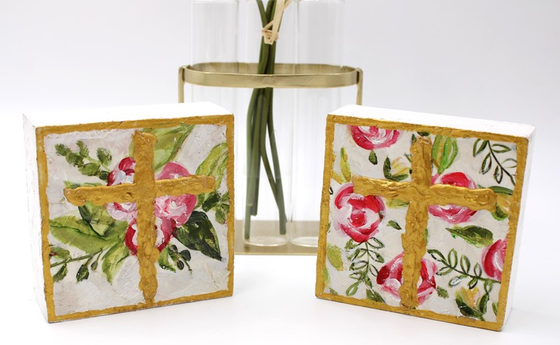 4x4" Handpainted Wood Block Sign, Floral Cross, 2 Assorted ©Haley Bush HB2013A