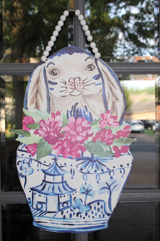 16.5x23.5" MDF Door Decor with Bead Hanger, Bunny in Pot ©Haley Bush HB2024