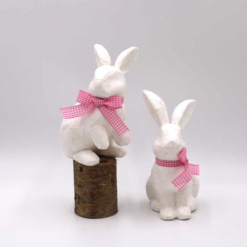 White Paper Mache Rabbits, Pink Gingham Bow, 2 Assorted, 5x7.5", 4.75x6.75" HD4294A