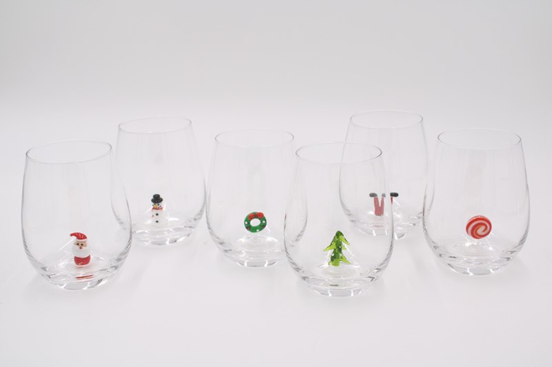 3.5x4.75" Stemless Wineglasses w/ Decorative Glass Icon, 6 assorted CM1027A