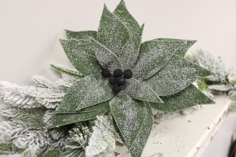 10.5x13.4" Green Snow Dusted Poinsettia Stem CM1110