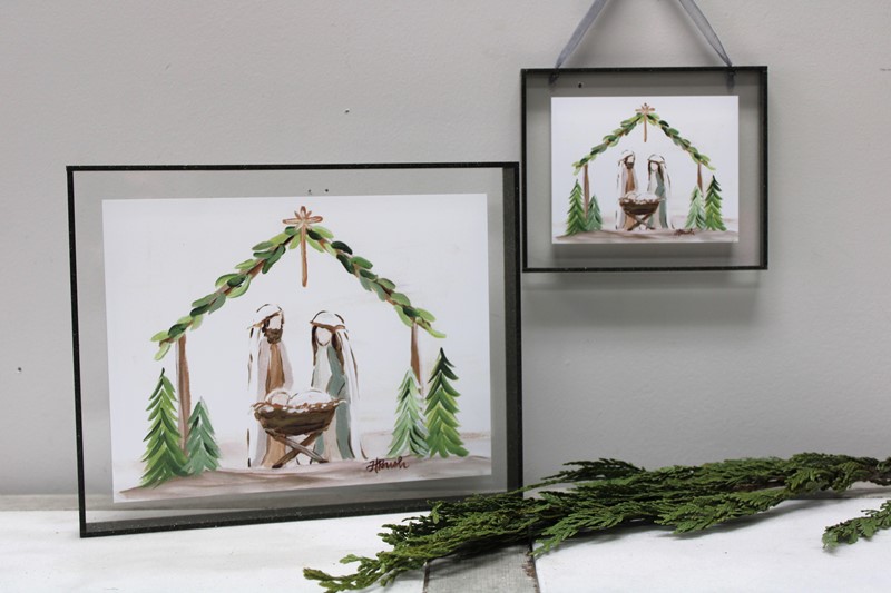 6x5" Acrylic Ornament w/ Glitter Frame, Evergreen Nativity ©Haley Bush HBX1265