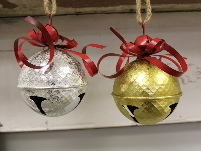 6.5" Metal Bell Ornament w/ Red Metal Bow, Silver/Gold, 2 assorted CM2169A