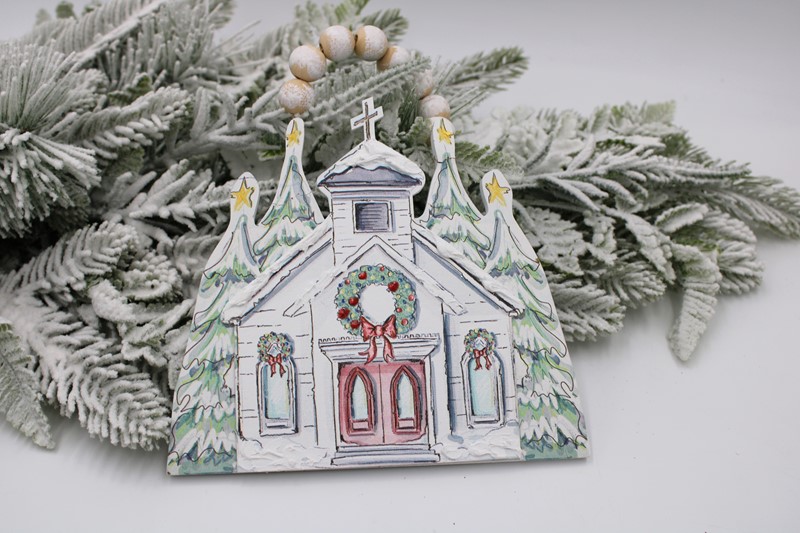 6.5" Layered Cutout Wood Church Ornament, Bead Hanger ©Dana Shoops DSX6011