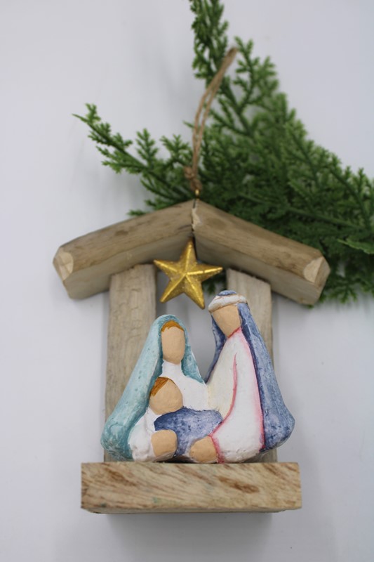 4.75x2.5x5" Driftwood Creche Ornament, Paper Pulp Holy Family Ornament, Blue CM1014