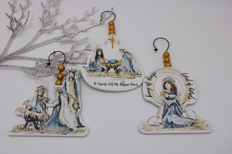 8.5-10.25" Cutout Wood Nativity Ornament, Blue, 3 assorted ©Dana Shoops DSX6006A