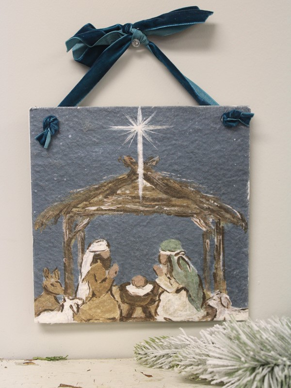 8x8" Textured Wall Sign, Velvet Ribbon, Teal Nativity ©Haley Bush HBX1275