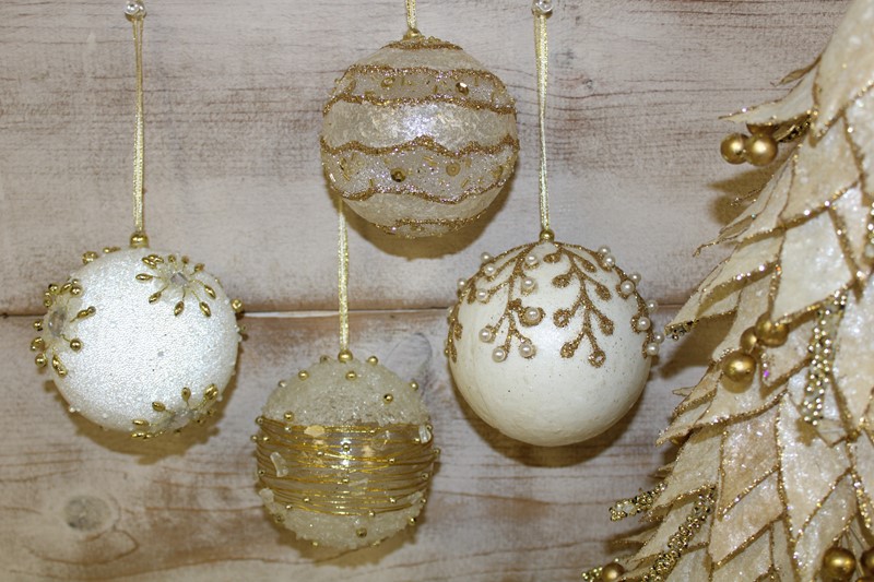 3.75-4" Glass Beaded Ball Ornament, Silver/White/Gold, 4 assorted CM1230A