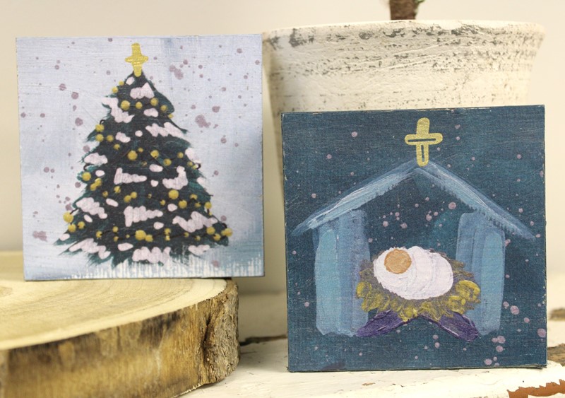 4x4" Wood Box Sign, Manger/Tree Blue, 2 assorted ©Savannah McClain SMX1310A